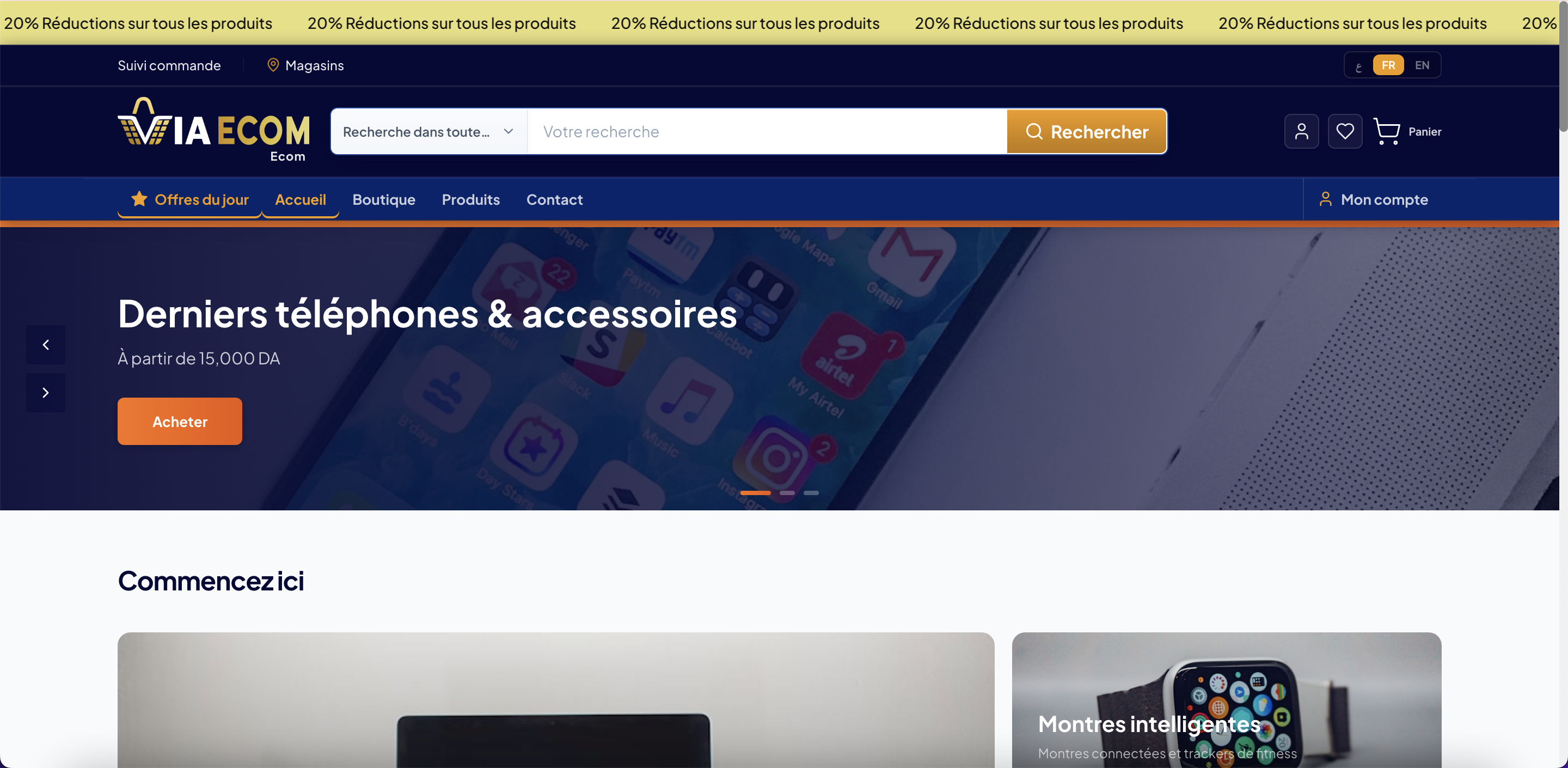 Via Ecom customer-facing storefront with products, navigation, and shopping layout